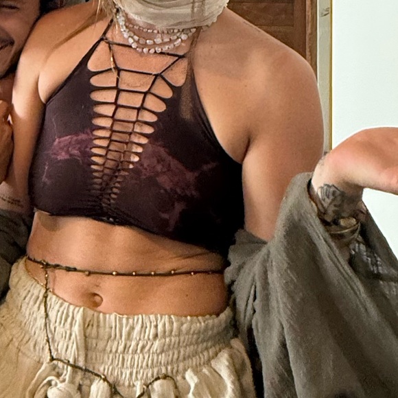 Slit Weave Strappy Brown Purple Green Halter Open Back Deep V Plush Cotton Top - Picture 2 of 8